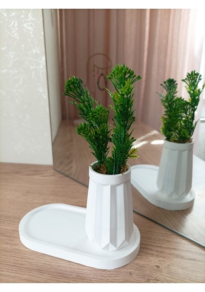 Mini Düz Desenli Beton Saksı Tekli Ve Oval Tabak - Yapay Çiçek Hediyeli - Yeşil Tomurcuk