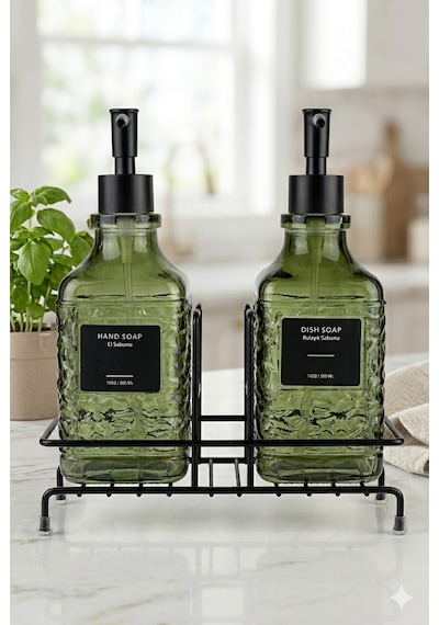 Modern Çizgili - Kabartmalı Cam İkili Sıvı Sabunluk & Deterjanlık Seti - 500ml Standlı Mutfak Ve Banyo Organizeri Yeşil