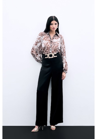 Sateen Bel Kemerli Saten Krep Pantolon - Siyah-135970 Siyah