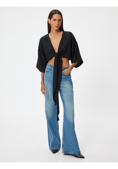 Koton Crop Üst V Yaka Bağlama Detaylı Oversize Kimono Kol Siyah 4sal50001ıw Siyah