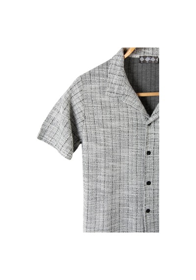 Erkek Gri Kısa Kollu Slim Fit Çizgi Desenli Pamuklu Yazlık Gömlek Gri1