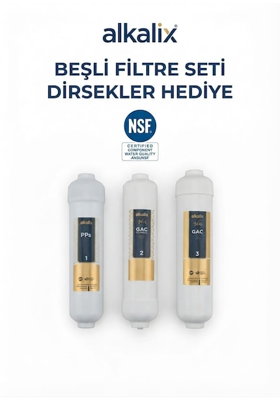 Alkalix 5'li Su Arıtma Filtre Seti Universal - Tüm Tezgah Altı Cihazlarla Uyumlu - Bağlantı Dirsekleri  Membran Dahil -