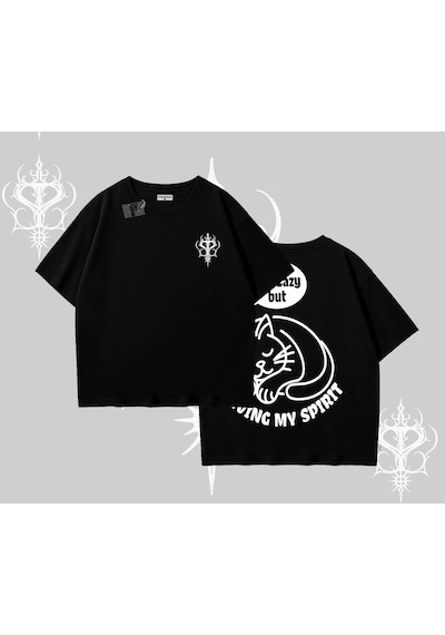 Tarzsokak Not Lazy Saving My Spirit Kedi Baskılı Oversize Tshirt Siyah