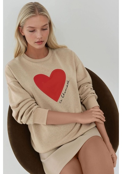 Hiccup Baskılı Yuvarlak Yaka Sweatshirt Bej Doğal