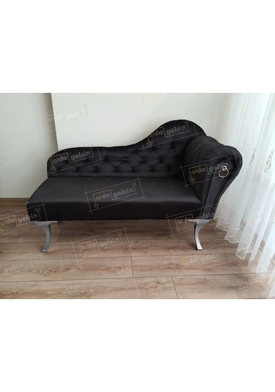 Ters Kol Dekoratif Bihter Koltuk Josefin Puf 110 Cm Gümüş Ayak Siyah