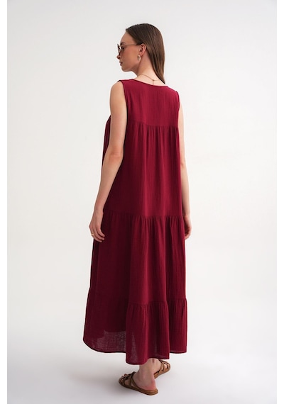 Mixray 4673 Kadın Büzgü Detaylı Müslin Elbise Bordo Bordo