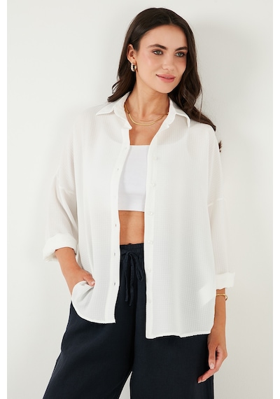 Lela Pamuk Karışımlı Regular Fit Dokulu Bayan Gömlek 6772931 Ekru