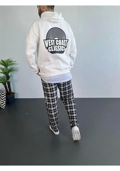 Erkek Baskılı Üç İplik Kapüşonlu Oversize Sweatshirt - Beyaz Beyaz