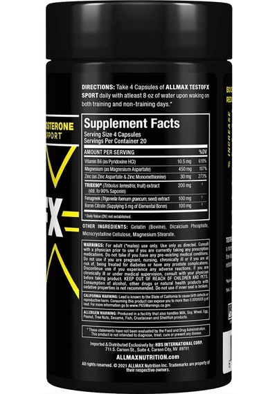 Allmax Testofx Sport Test Booster Tribulus Fenugreek Boron - 80 Caps
