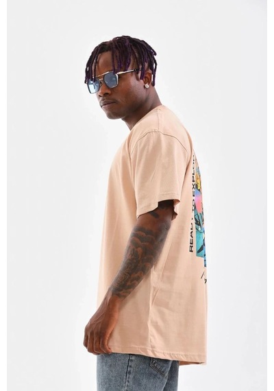 Erkek Bisiklet Yaka Baskılı Oversize T-shirt - Bej Bej