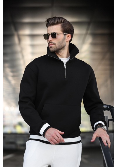 Madmext Siyah Fermuarlı Dik Yaka Kanguru Cep Erkek Sweatshirt E7159 Siyah