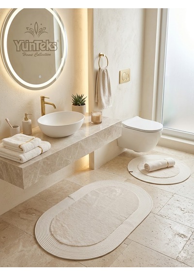 Rabbit Soft Hasır Dekoratif Klozet Takımı / Banyo Paspası / Modern / Şık /lüx / Banyo Halısı Krem