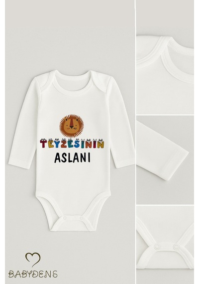 Babyden's Teyzesinin Aslanı Yazılı Bebek Zıbını %100 Pamuk Unisex Uzun Kollu Body Beyaz
