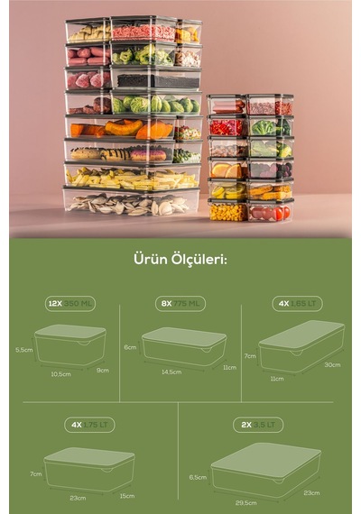 Vienev 30'lu Buzdolabı Düzenleyici Organizer Mikrodalgaya Uygun Difriz Saklama Kabı Gri Gri