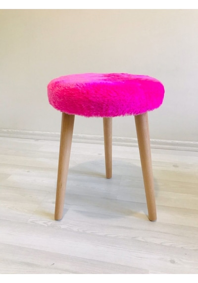 Neta Home Ahşap Ayak Dekoratif Fuşya Pelüş Puf Tabure Bench Yuvarlak Koltuk Sandalye Pembe