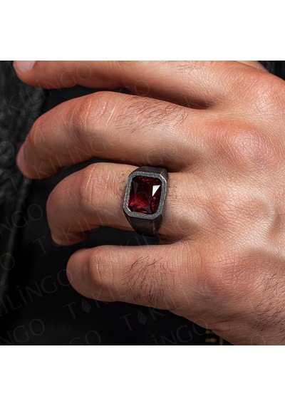 925 Ayar Gümüş Oksitli Kırmızı Ruby Taşlı Erkek Yüzük Gümüş