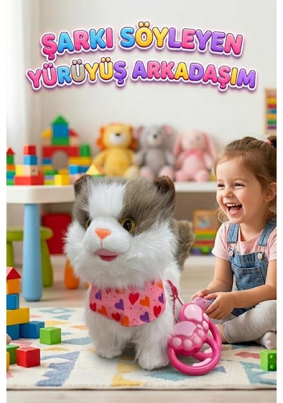 Şarkı Söylüyen Yürüyüş Arkadaşım - İnteraktif Tasmalı Kumandalı Pilli Sesli Oyuncak Peluş Kedi Kahverengi