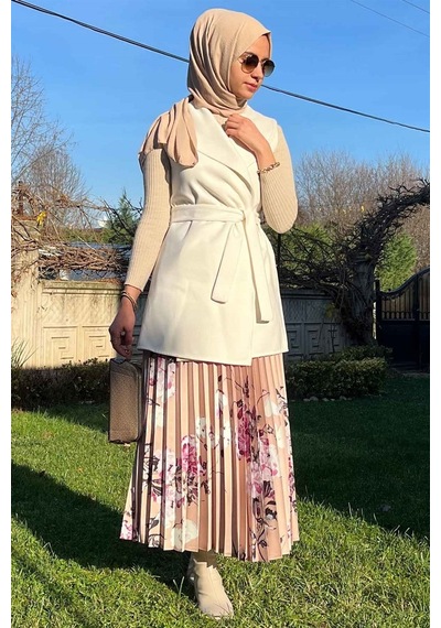 Rabia Şamlı Bej Çiçekli Plise Etek Normal