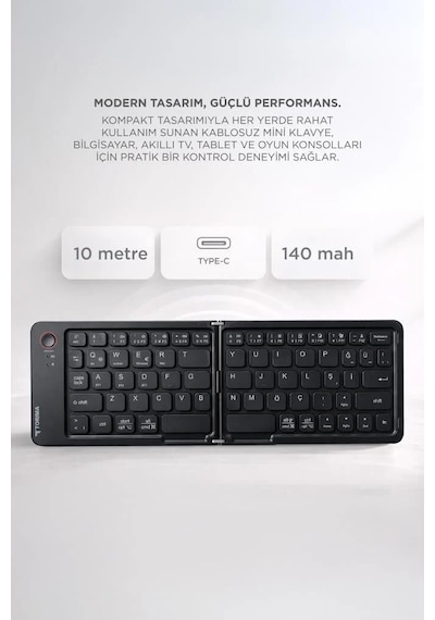 Aksesuar Seyahat Kablosuz Klavye Bluetooth Katlanabilir Şarjlı Mini Klavye Tk08 Siyah