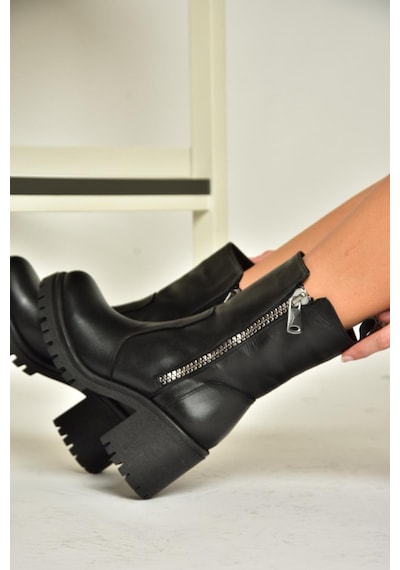 Fox Shoes T654095803 Siyah Hakiki Deri Kalın Topuklu Kadın Bot Siyah-hakiki Deri Siyah
