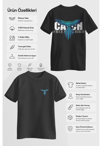 Spoyi Free Bird Tasarımlı %100 Pamuk Yarım Oversize Siyah T-lhirt