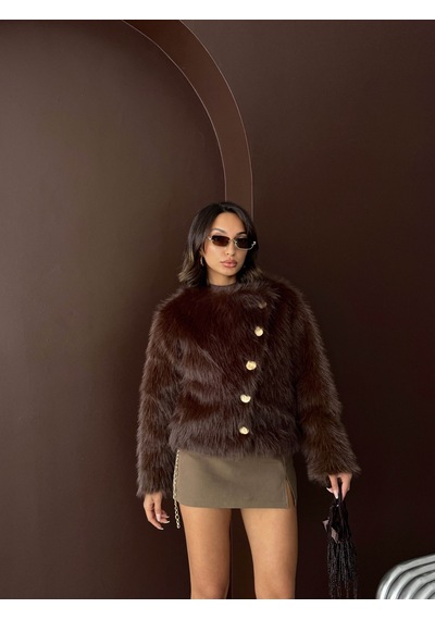 Verymoda Tavşan Tüyü Dügmeli Kaban F1970 Koyu Kahve