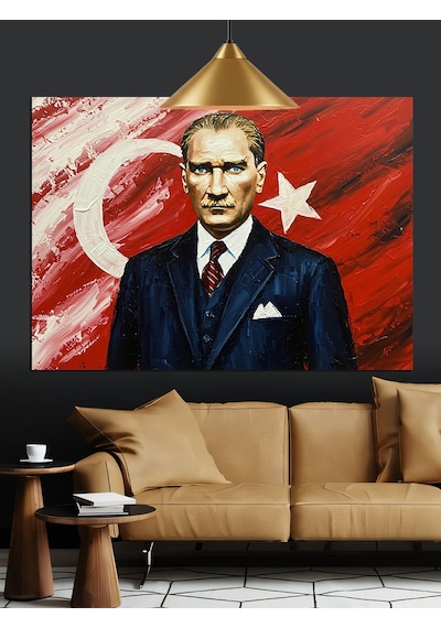 Bayrak Önünde Atatürk Portre Dekoratif Kanvas - Mdf Ahşap Tablo