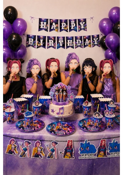 K Pop Huntrix Demon Hunters 100 Parça Dev Doğum Günü Parti Seti Banner Balon Bardak Tabak Süs +3