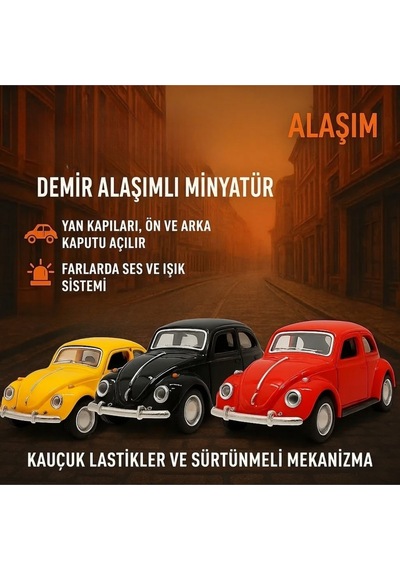 Metal Çek Bırak Beetle Vosvos Araba 1:32 Ölçek Sesli Işıklı Kapıları Açılan Diecast Model - Sarı Çok Renkli