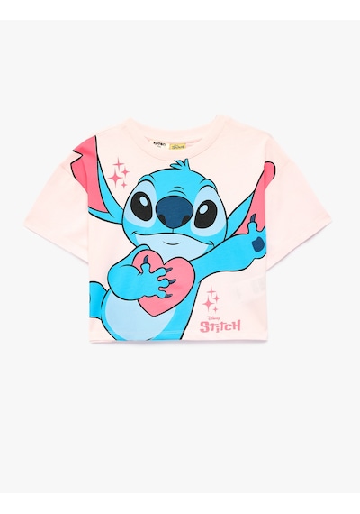 Koton Pamuklu Kısa Kollu Bisiklet Yaka Lisanslı Stitch Baskılı Tişört Pembe 6skg10495ak Gül