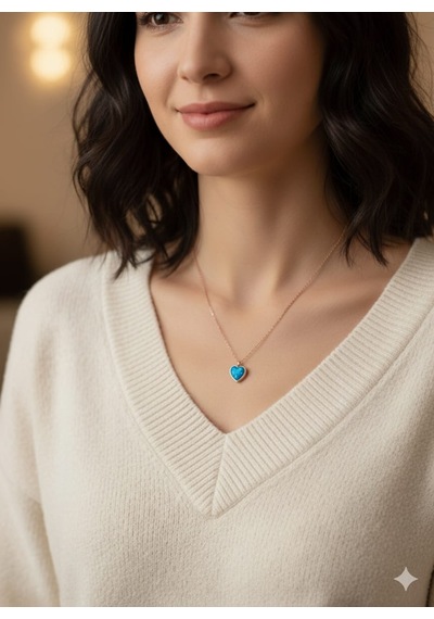 925 Ayar Papatya Silver Mavi Opal Taşlı Kalp Kolye.rose.gold.rodaj Gümüş