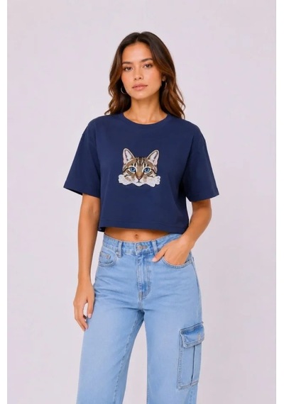 Efnaz Style Kedi Baskılı Oversize Crop Tişört Salaş Basic Yarım Kol T-shirt - Lacivert