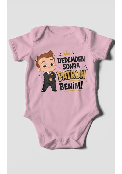 Morivokids Dedemden Sonra Patron Benim Kısa Kollu Bebek Body %100 Pamuk Koyu Pembe