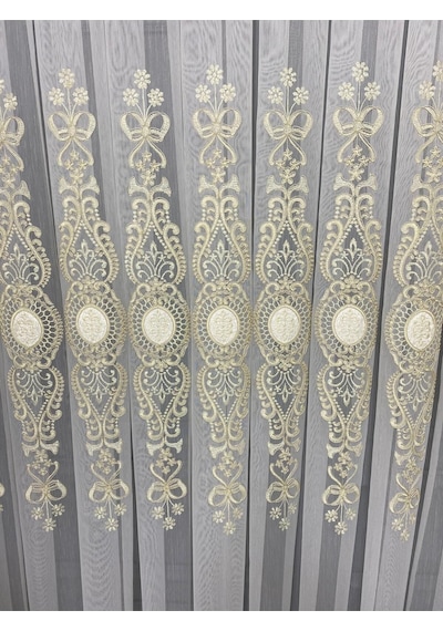Ottoman Altın Gold Kort Nakılşlı Salon 3 Kat Pileli Tül Perde