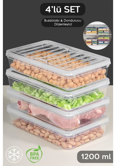 4'lü Şeffaf Kapaklı Mikrodalga Uyumlu Saklama Kabı - Organizer Düzenleyici Gıda Erzak Kabı 4x1200ml Şeffaf