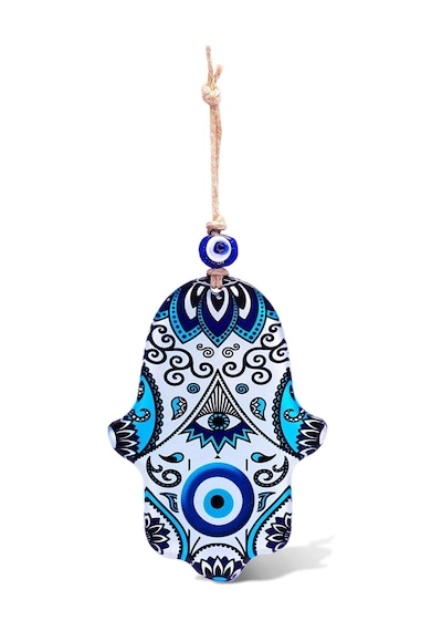 İlyasoğlu Hamsa Cam Nazar Boncuklu Renkli Desenli Duvar Süsü 18x11cm