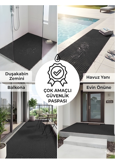 Beylini Petek Pvc Paspas Islak Zeminde Kaydırmaz İç Dış Mekan Banyo Duş Lavabo Havuz Kenar Halısı Bal Desen Siyah