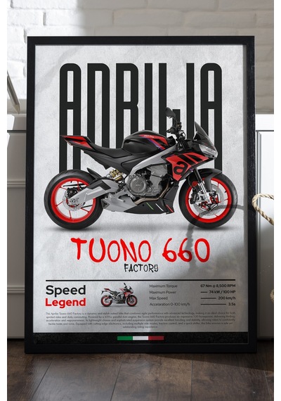 Aprilia Tuono 660 Factory Siyah Ahşap Çerçeveli Poster, Dekoratif Motosiklet Duvar Tablosu