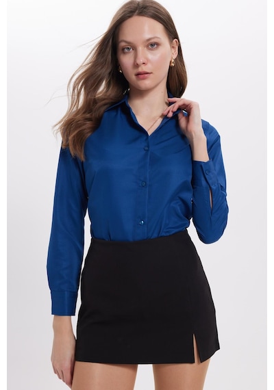 Tudors Kadın Slim Fit Dar Kesim Vücuda Oturan Uzun Kollu Lacivert Basic Gömlek-38823