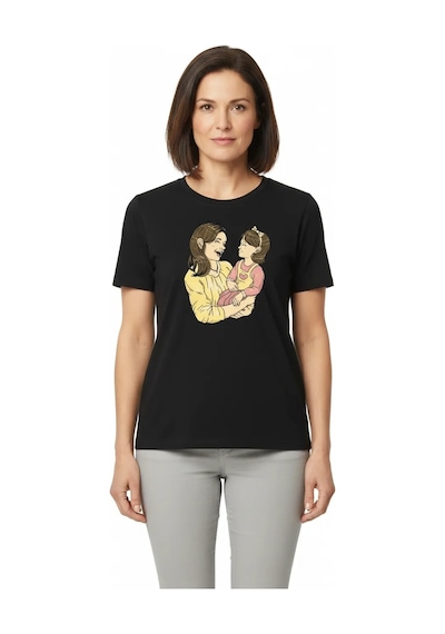 Novalisse Anneler Günü Hediye Anne Kız Temalı Baskılı Oversize Bisiklet Yaka T-shirt - Siyah Çoklu Renk