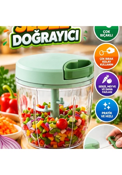 Çek Bırak İpli Manuel Sebze Doğrayıcı Çok Bıçaklı Pratik Mutfak Doğrayıcısı Renkli