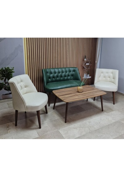 Azra Mobilya Deri Çay Seti Koltuk Takımı + Sehpa - Oturma Grubu - Cafe Mobilya - Ofis Mobilya - Balkon Mobilya Yeşil-krem