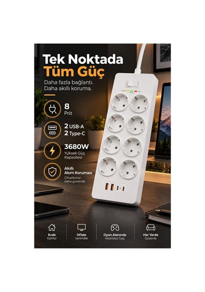 8 Prizli Çoklu Priz 3680w 2 Usb-a + 2 Type-c Akım Korumalı Güç Dağıtıcı 0 - 2 M