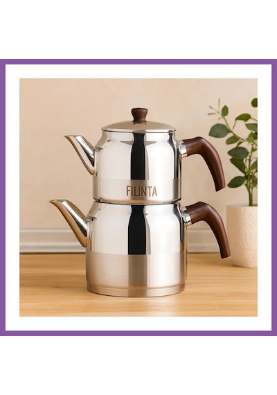 Bezos Orta Boy Çelik Çaydanlık Seti Çift Kapaklı, Süzgeçli 1.25l/2.25l Bzoshb Çok Renkli