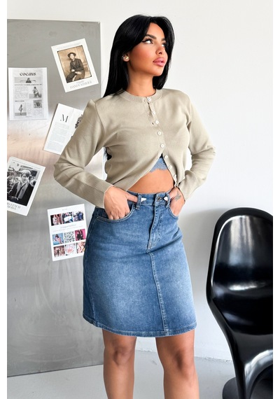 HLT Jeans Kadın Açık Mavi Yıkamalı Regular Fit Yüksek Bel Likralı Denim Kot Etek Alice-4003