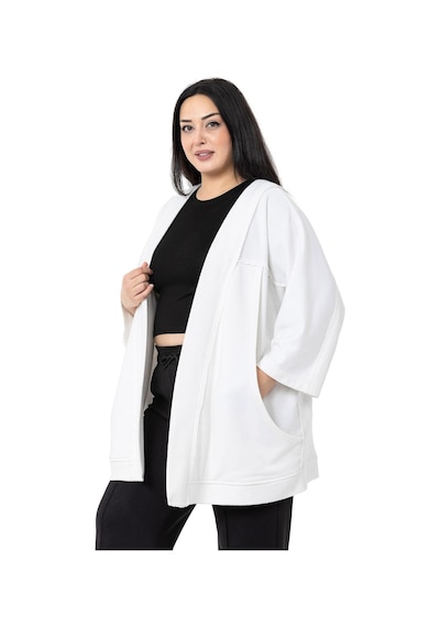Disentis Büyük Beden Truvakar Kollu Oversize Cepli Üç İplik Beyaz Hırka-beyaz Beyaz