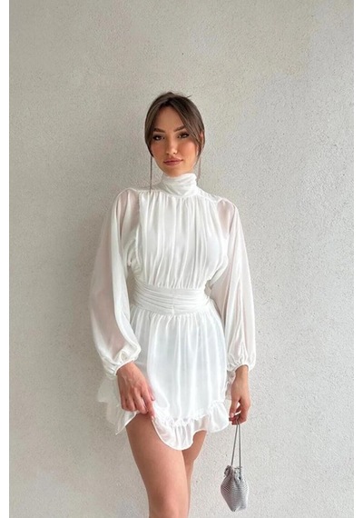 Munora Butik Dik Yakalı Şifon Beyaz Elbise Beyaz Beyaz