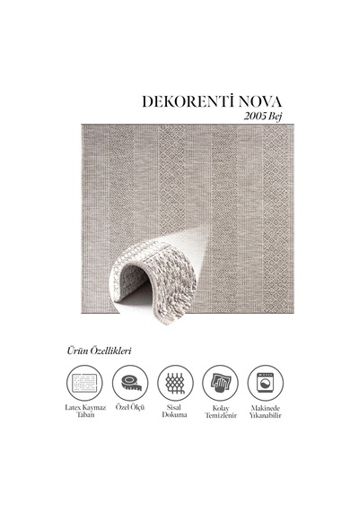 Hoom Rugs Nova 2005 Bej İnce Kaymaz Latex Tabanlı Sisal Halı Gri Siyah