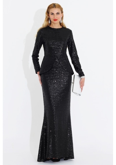 Nidya Moda Büyük Beden Peplum Payet Elbise-4047S Çok Renkli