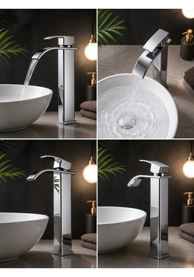 Krom Şelale Lavabo Bataryası Uzun Çanak Lavabo Musluğu Modern Çift Su Girişli Banyo Musluğu